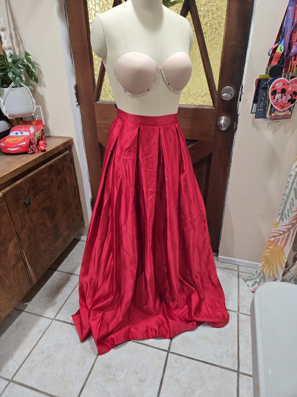 Women's Red Pleated Satin Maxi Skirt - Elegant Full-Length Style